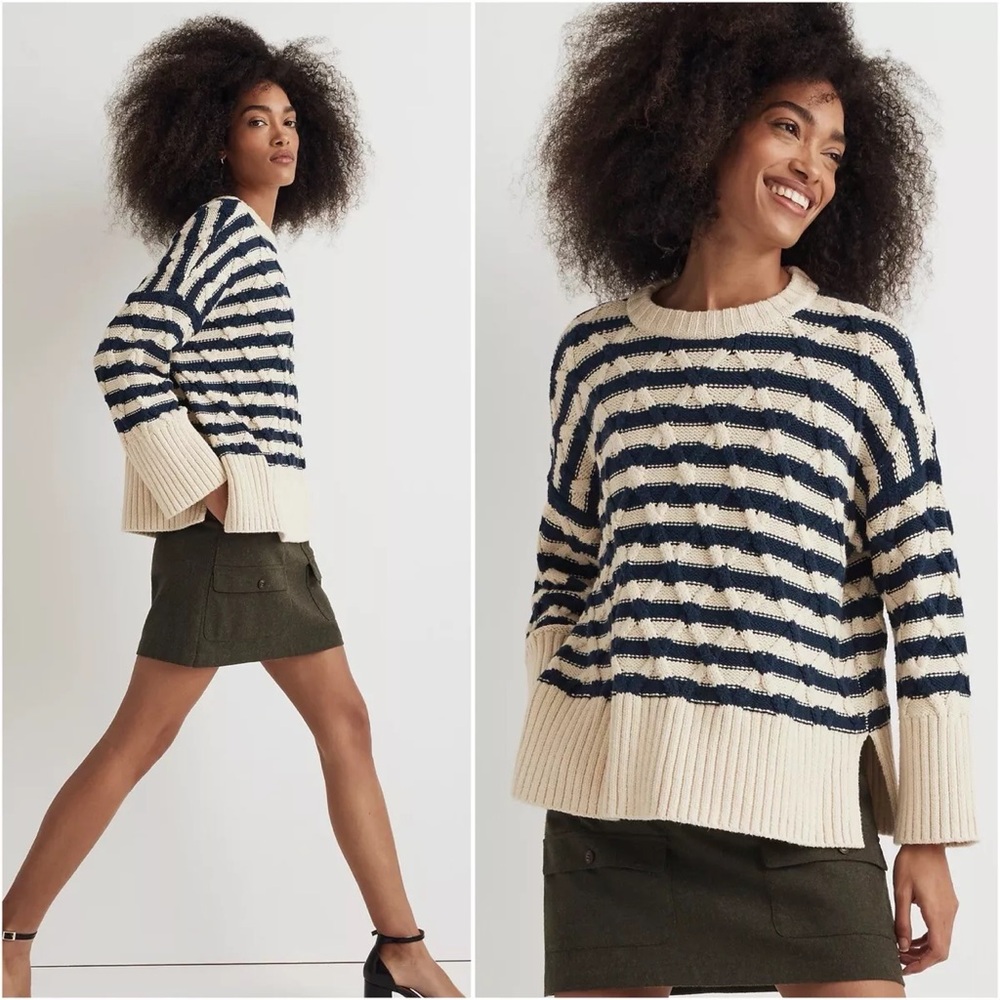 Madewell Cable-Knit Oversized Sweater in Ecru Stripe NWT